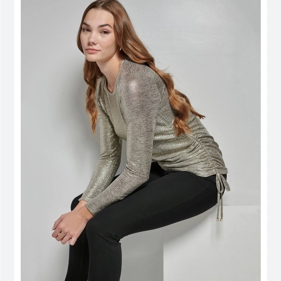 Calvin Klein Metallic Ruched Drawstring Top 3X Gold Shimmer Long Sleeve Stretchy - Picture 2 of 15